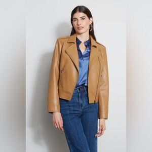 Elie Tahari Vegan Women’s Leather Moto Jacket in Beautiful Saddle Color, Size L